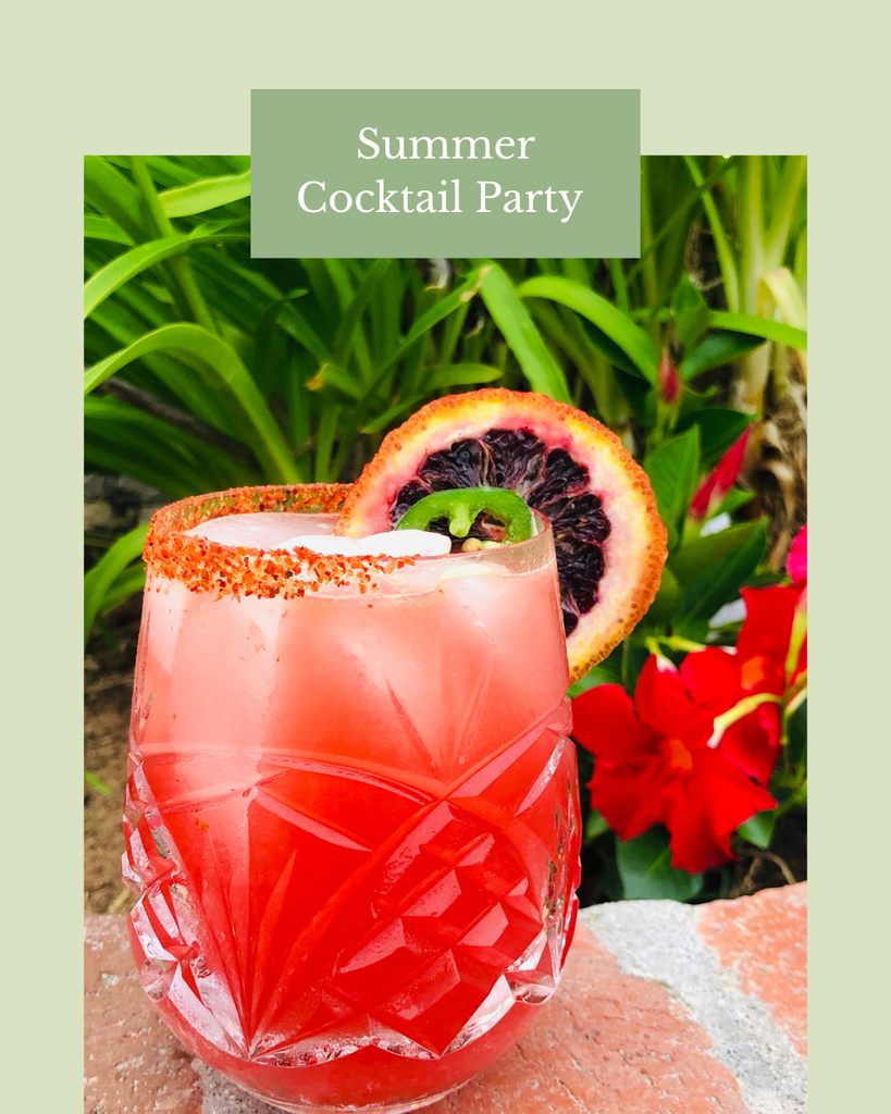 A vibrant cocktail featuring a red gradient, tajin rim, and blood orange. The perfect citrusy splash for a hot summer day. 