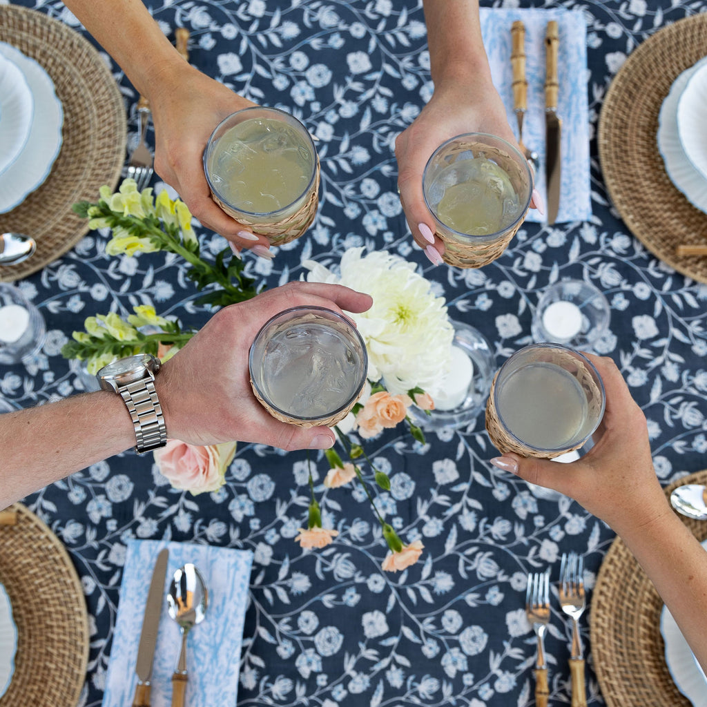 Vibrant floral patterns make for the perfect contrast against summer cocktails. The Montecito tablecloth is the perfect for any occasion.